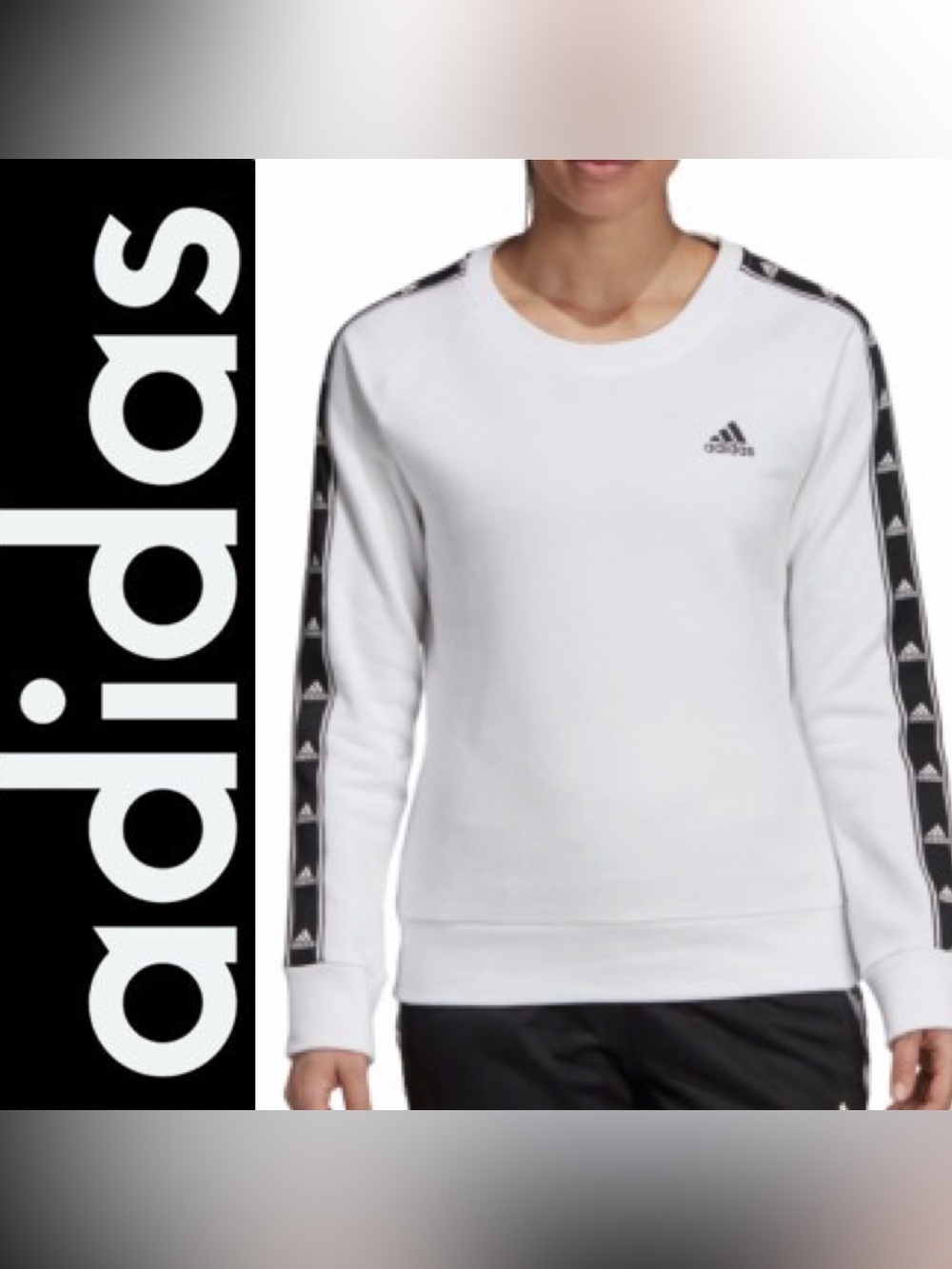 { Adidas } “Tito” Crew Sweatshirt in White with Black Logo Tape